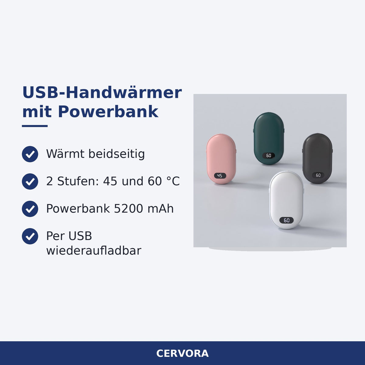 Wiederaufladbarer USB-Handwärmer mit digitalem Display und Powerbank-Funktion im Taschenformat