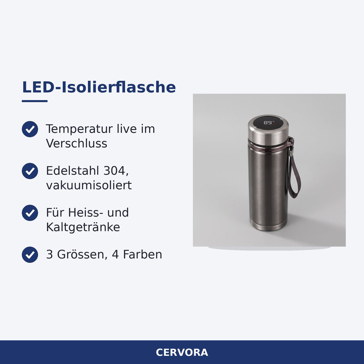 Isolierflasche aus Edelstahl mit LED-Temperaturanzeige im Verschluss
