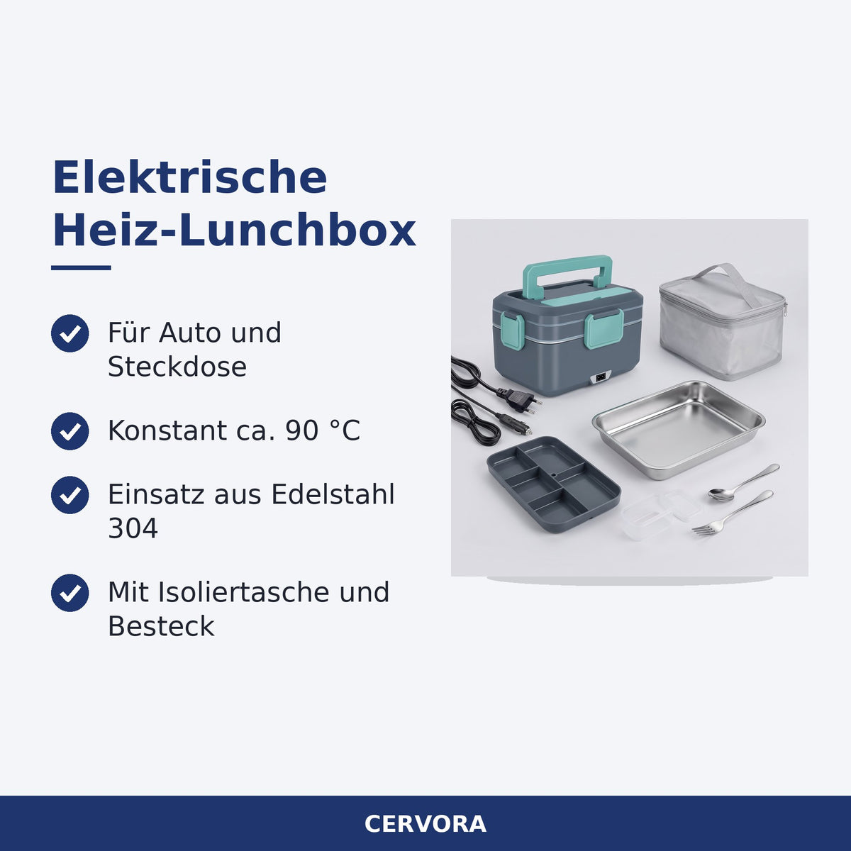 Elektrische Lunchbox 2,5 L mit Edelstahl-Einsatz, Isoliertasche und Besteck