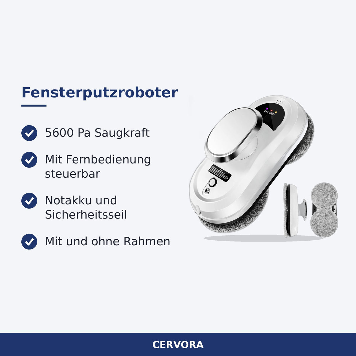 Weisser Fensterputzroboter mit Fernbedienung und Sicherheitsseil