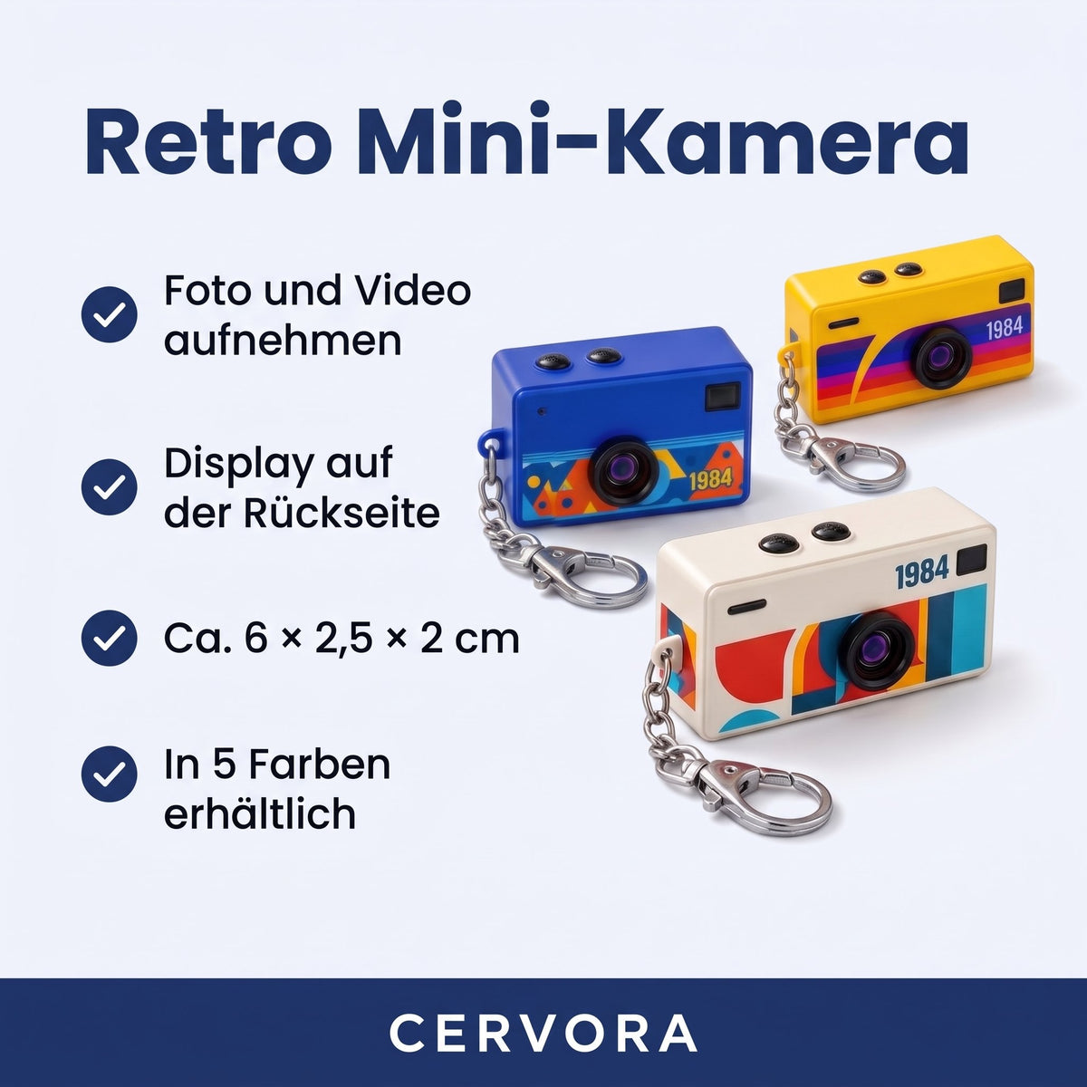 Farbige Mini-Kamera im Retro-Look mit Ring und Kette als Schlüsselanhänger