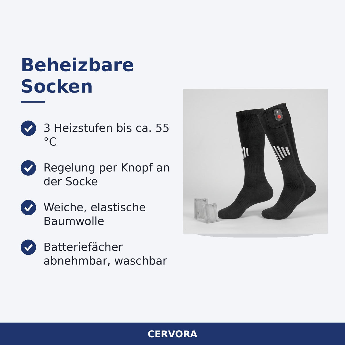 Beheizbare Baumwollsocken mit Batteriefach am oberen Rand
