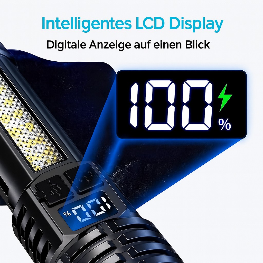 LED Taschenlampe USB-C, zoombar – 32 000 Lux, >500 m Reichweite, 5 Modi, wasserdicht, 78 g