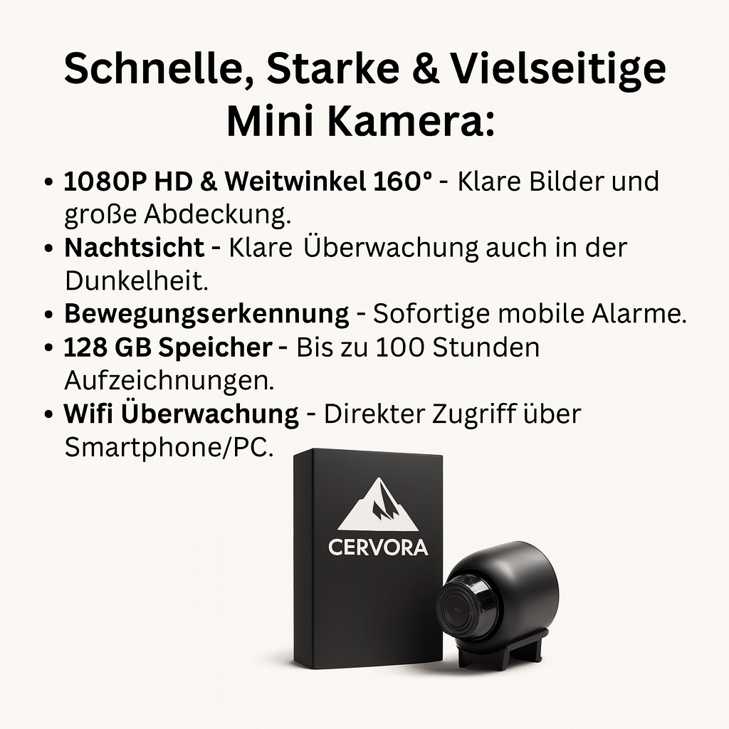 Cervora Mini-Kamera – Versteckte WLAN Kamera mit Bewegungserkennung & Nachtsicht HD 1080p