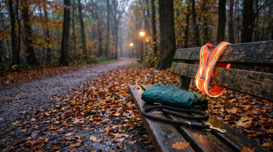 Hund im Dunkeln sichtbar machen: LED-Reflektorweste, Leine und Regenmantel für Hunde auf einer Bank im herbstlichen Wald