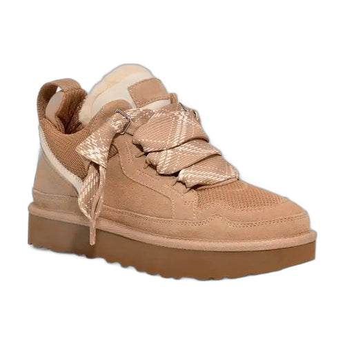 Damen-Winterstiefel aus sandfarbenem Veloursleder mit Kunstpelz-Futter