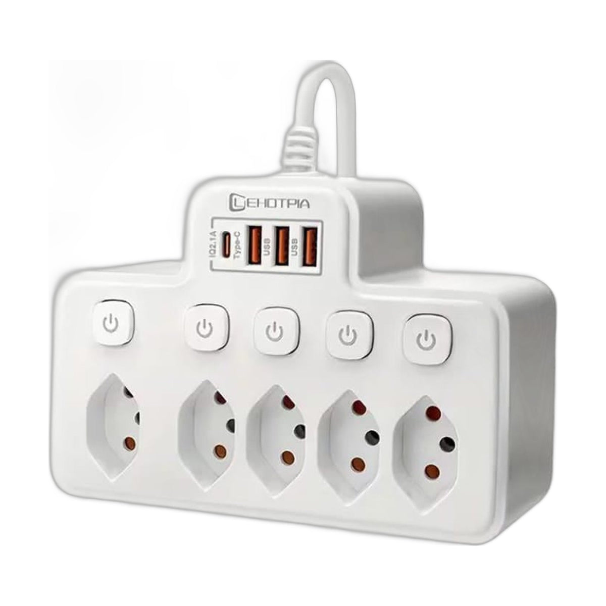 Kompakte weisse Mehrfachsteckdose mit 5 Einzelschaltern und 4 USB-Ports