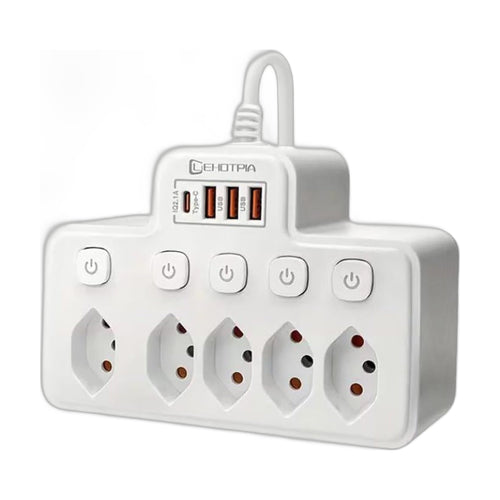 Kompakte weisse Mehrfachsteckdose mit 5 Einzelschaltern und 4 USB-Ports