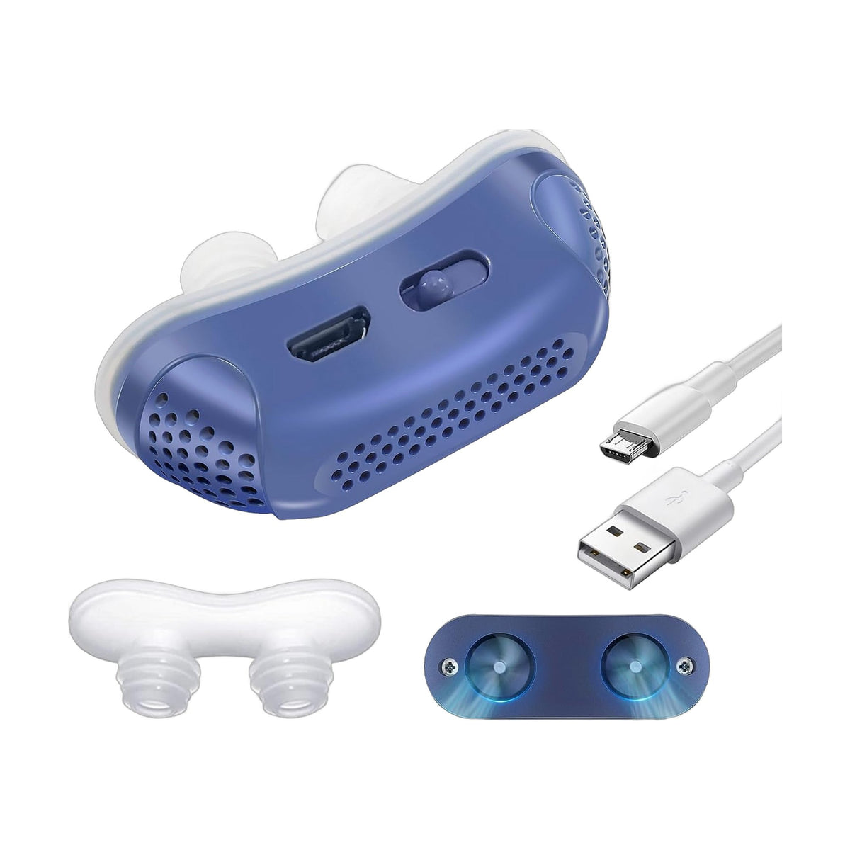 Blaues kompaktes Nasengerät mit Silikon-Aufsätzen und USB-Ladekabel