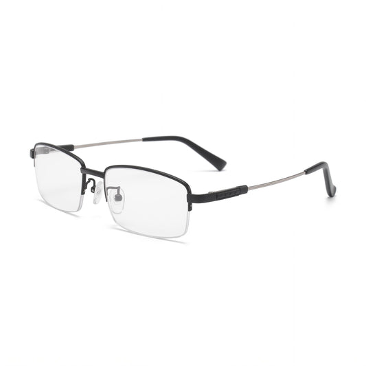 Schwarze Gleitsicht-Lesebrille mit Mehrzonen-Gläsern auf einem Holztisch