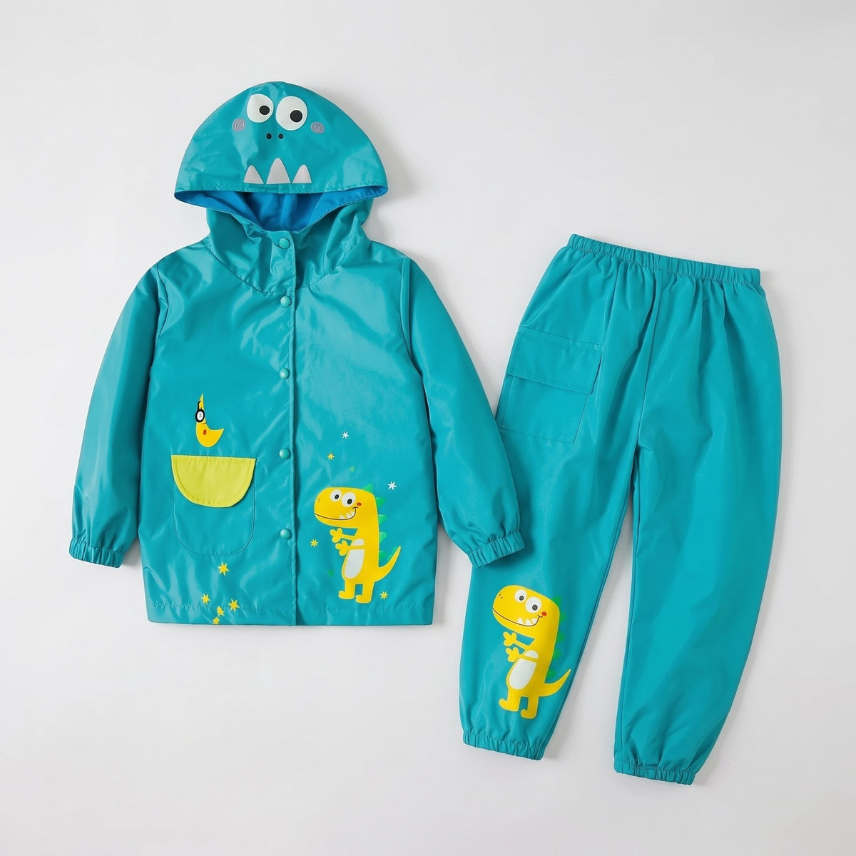 Kinder-Regenanzug mit Kapuzenjacke und Hose in Blau mit Dinosaurier-Motiv und in Rosa mit Einhorn-Motiv