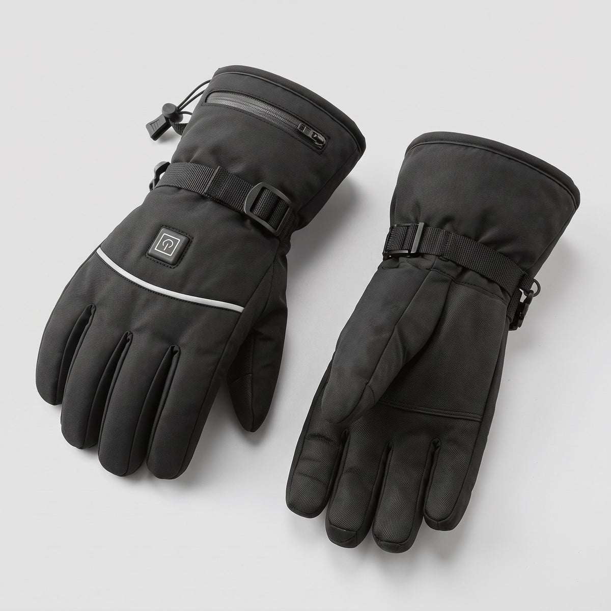 Schwarze beheizbare Winterhandschuhe mit Touchscreen-Fingerspitzen und Klettverschluss