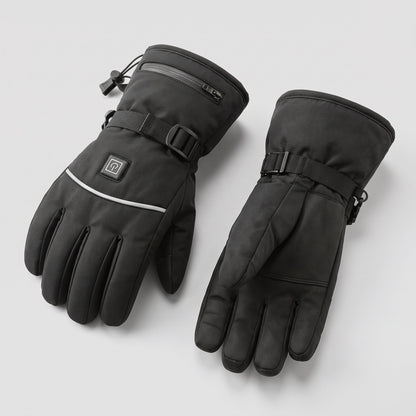 Schwarze beheizbare Winterhandschuhe mit Touchscreen-Fingerspitzen und Klettverschluss