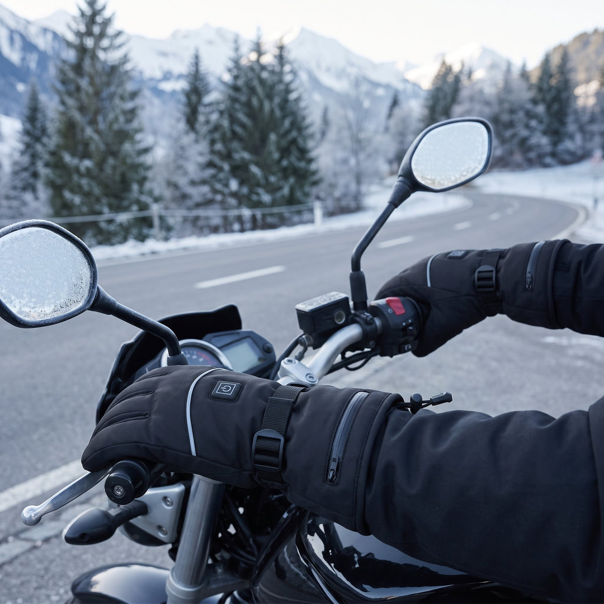 Schwarze beheizbare Winterhandschuhe mit Touchscreen-Fingerspitzen und Klettverschluss