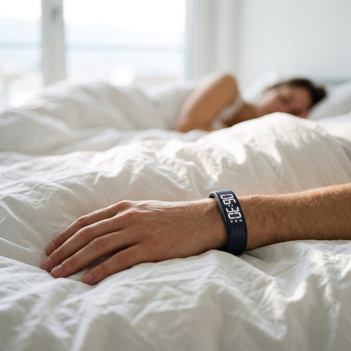 Schwarzes Wecker-Armband mit LED-Anzeige und Vibrationsalarm am Handgelenk