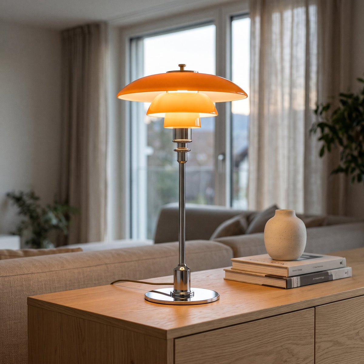 Tischlampe Glow aus geschichtetem Glas mit Metallfuss, leuchtet warmweiss