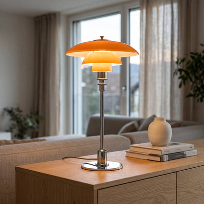 Tischlampe Glow aus geschichtetem Glas mit Metallfuss, leuchtet warmweiss
