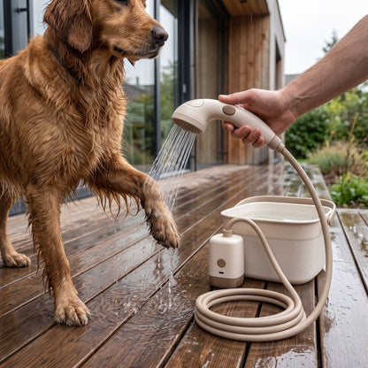 Tragbare Tierdusche mit USB-C-Pumpe, Schlauch, Duschkopf und Aufbewahrungstasche für Hunde und Katzen