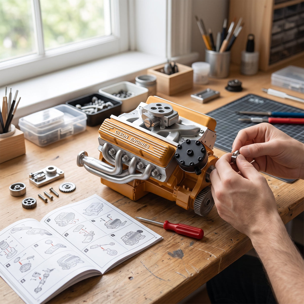 V8-Motor-Bausatz als Miniaturmodell mit Metallteilen zum Selbstzusammenbauen