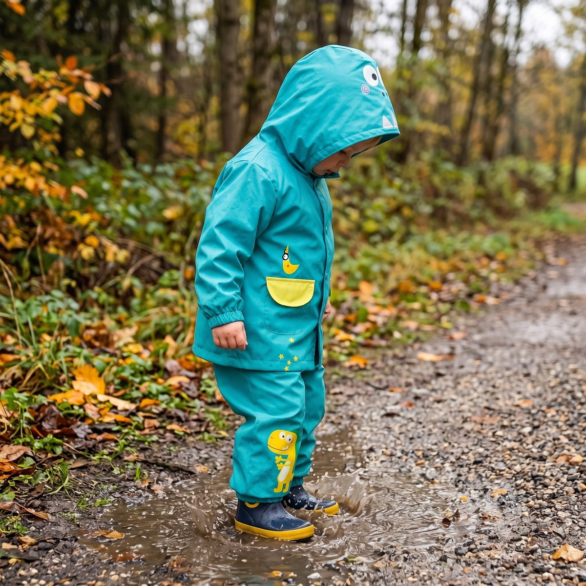Kinder-Regenanzug mit Kapuzenjacke und Hose in Blau mit Dinosaurier-Motiv und in Rosa mit Einhorn-Motiv