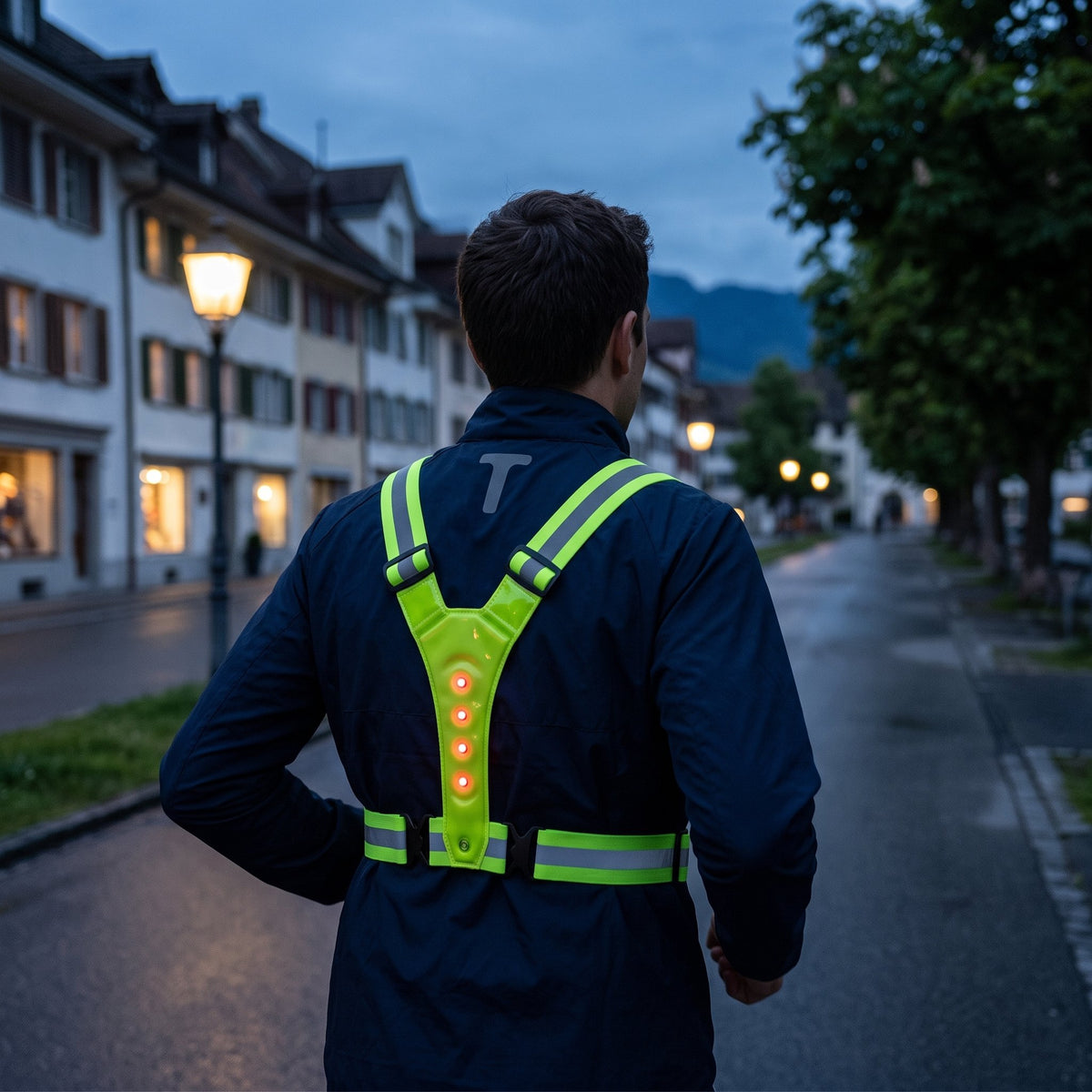 LED-Reflektorweste mit Y-förmigem Gurtsystem und reflektierenden Streifen