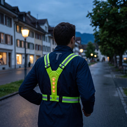 LED-Reflektorweste mit Y-förmigem Gurtsystem und reflektierenden Streifen