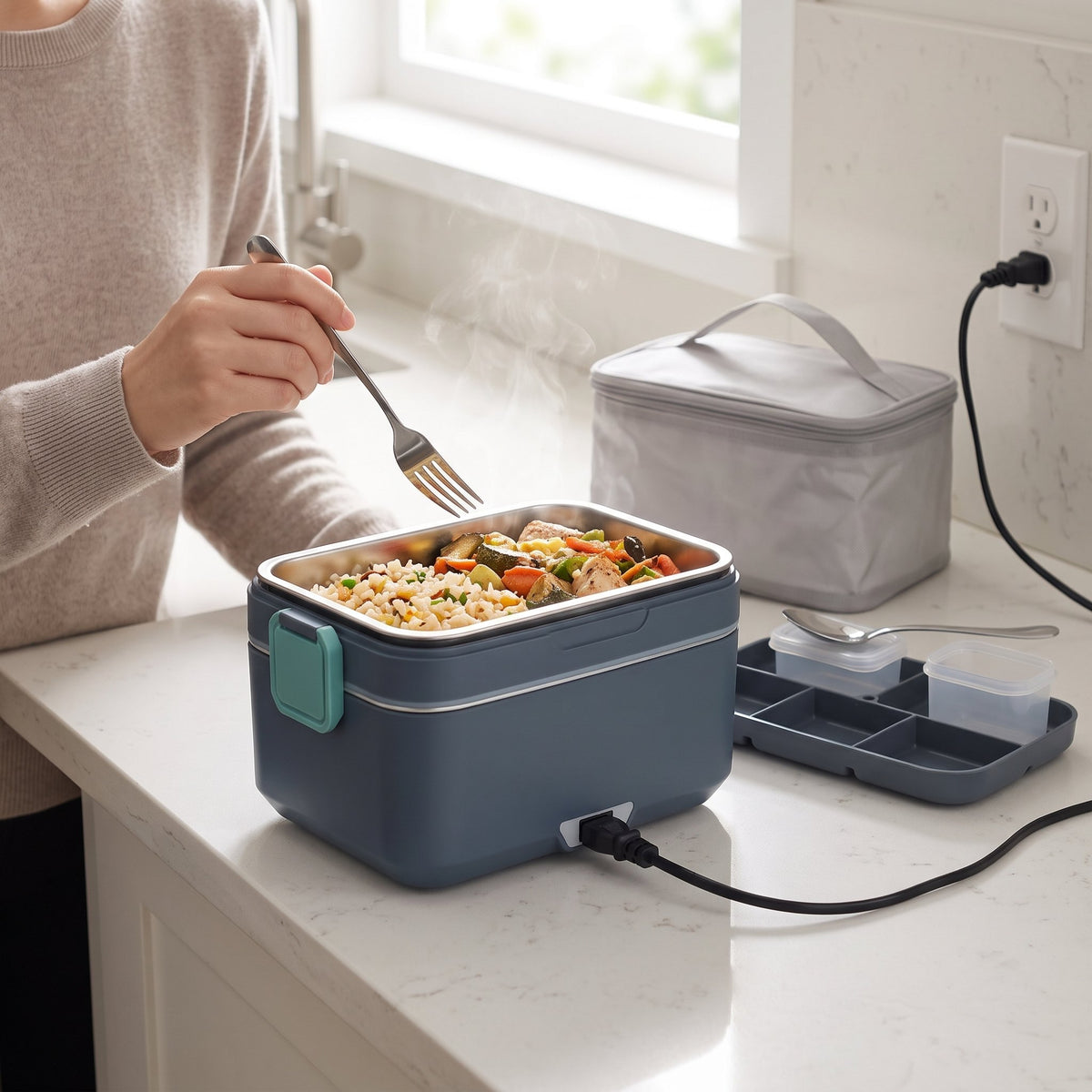 Elektrische Lunchbox 2,5 L mit Edelstahl-Einsatz, Isoliertasche und Besteck