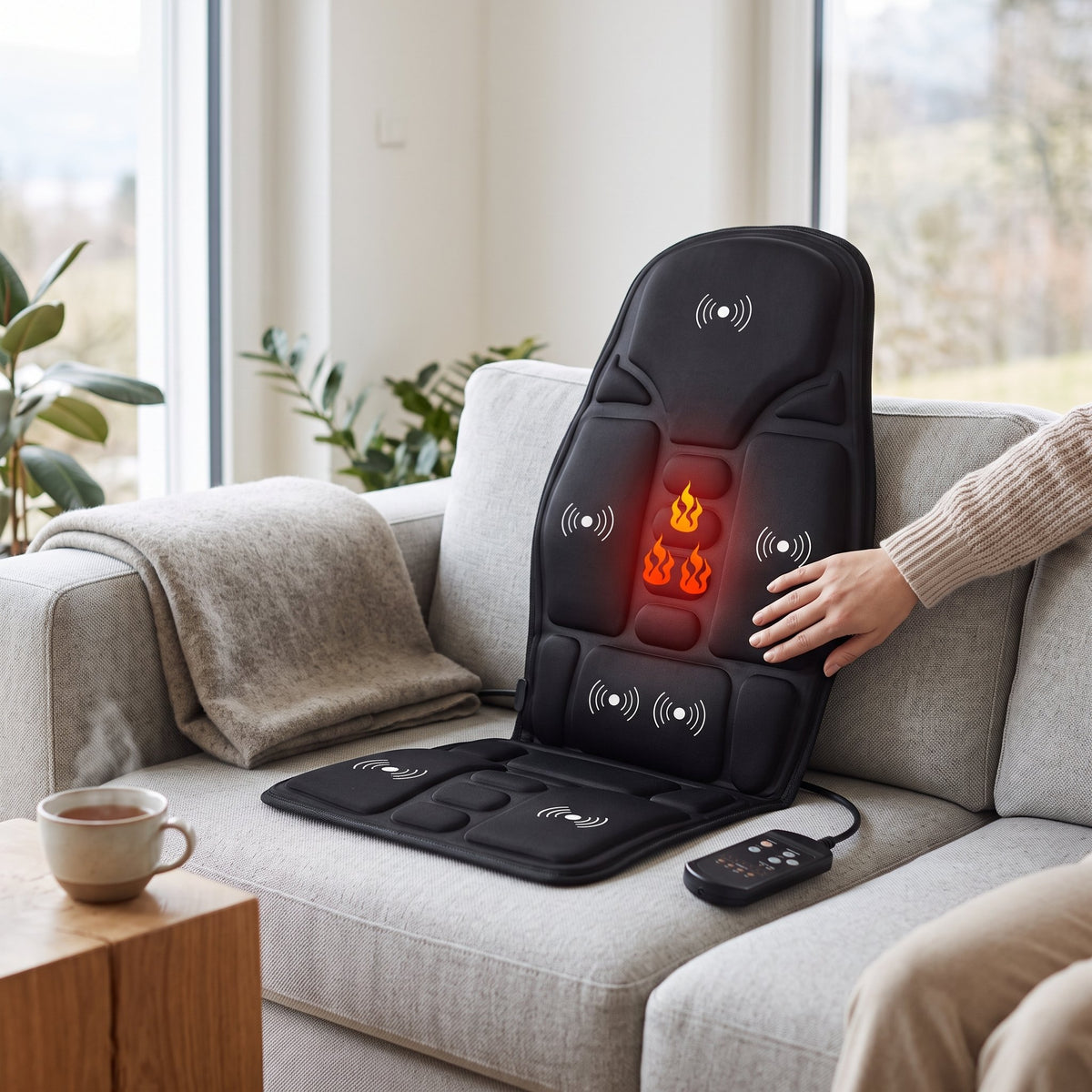 Massagekissen mit Wärmefunktion und Lendenstütze auf einem Sofa