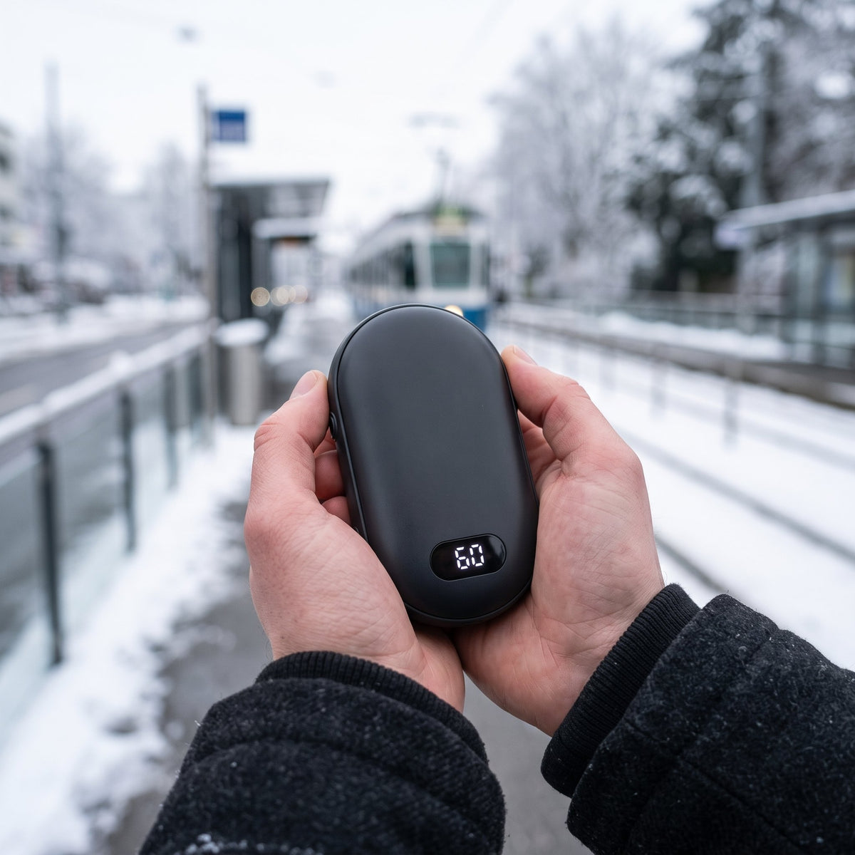 Wiederaufladbarer USB-Handwärmer mit digitalem Display und Powerbank-Funktion im Taschenformat