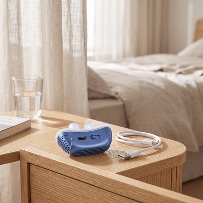 Blaues kompaktes Nasengerät mit Silikon-Aufsätzen und USB-Ladekabel
