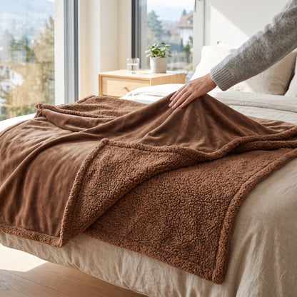Wasserdichte graue Microfleece-Decke mit TPU-Schicht auf einem Bett