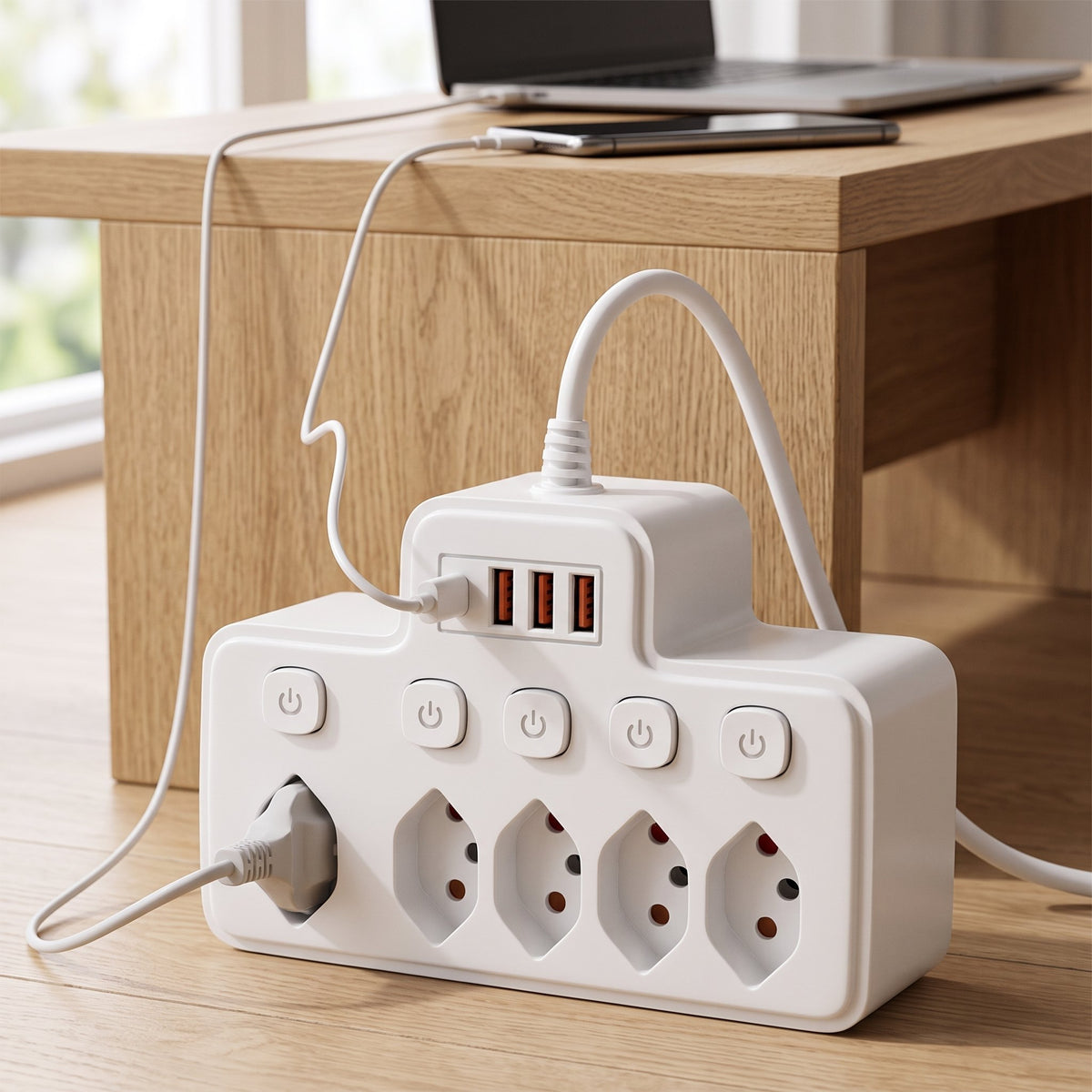 Mehrfachsteckdose mit Schalter, 5 Steckplätze und 4 USB-Ports – USB-C, Überspannungsschutz