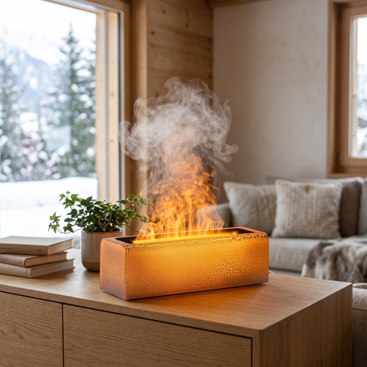 Luftbefeuchter mit Flammeneffekt – dekorativer Raumbefeuchter für Wohnzimmer, Schlafzimmer und Büro