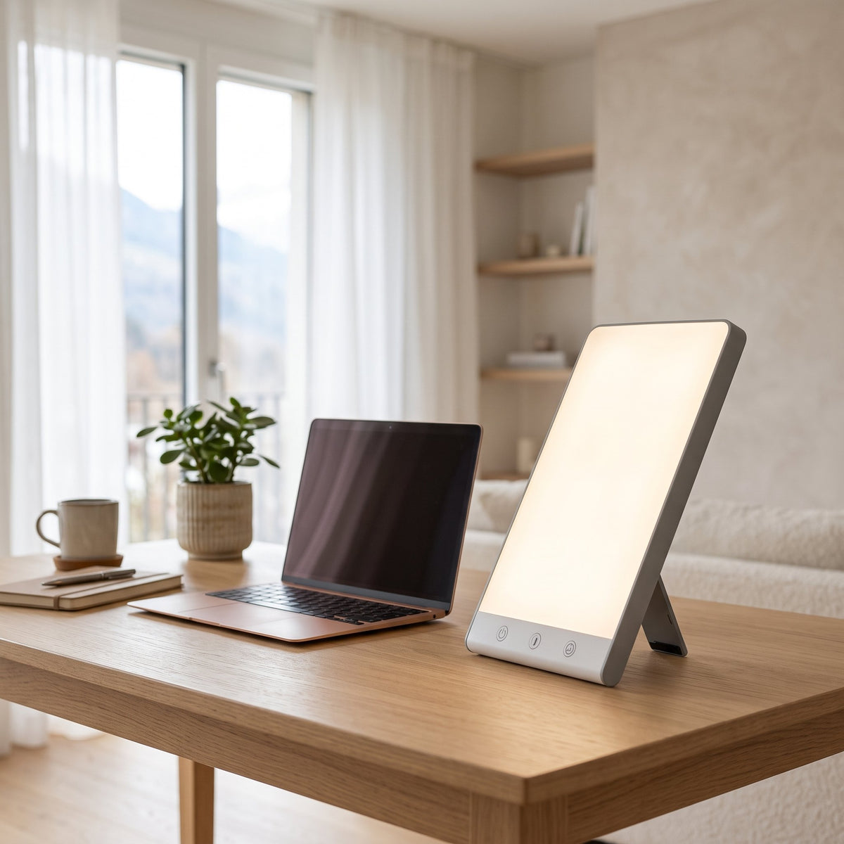 Tageslichtlampe bis 10 000 Lux mit Tischfuss – dimmbar, flach, für Schreibtisch und Nachttisch