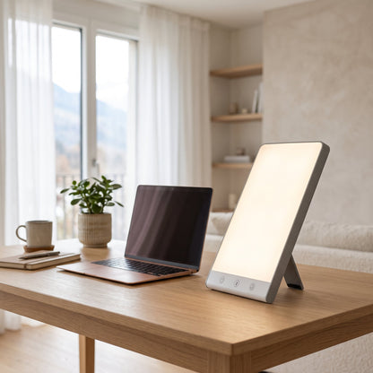 Tageslichtlampe bis 10 000 Lux mit Tischfuss – dimmbar, flach, für Schreibtisch und Nachttisch