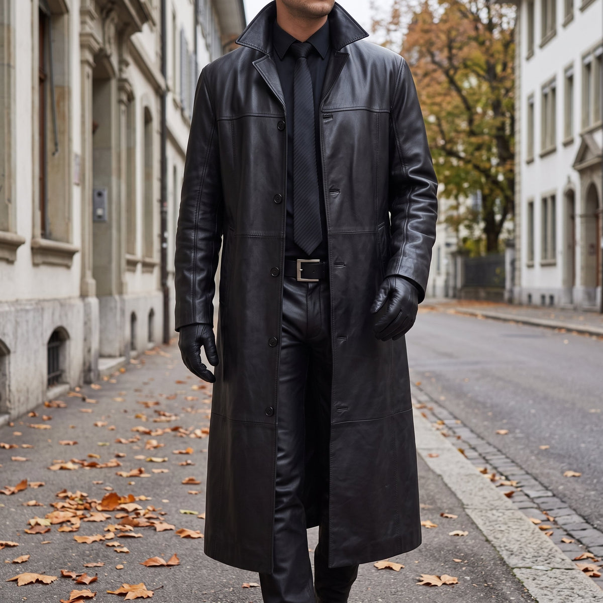 Lederjacke Herren lang aus 100 % Echtleder – Regular Fit mit Knopfverschluss für Herbst und Winter