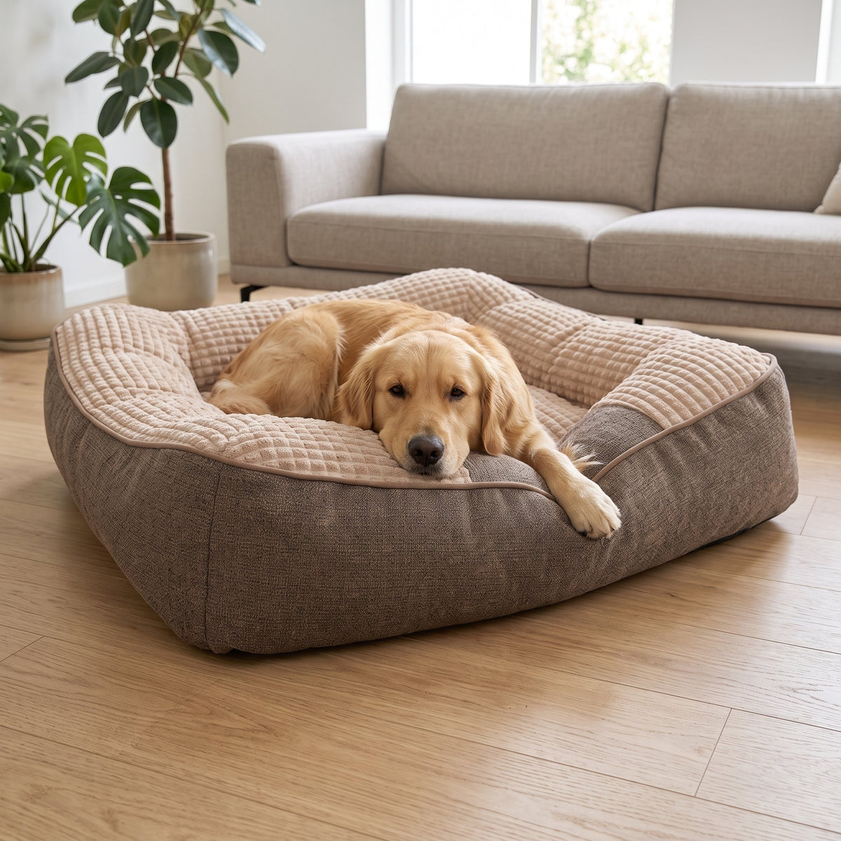Hundebett mit erhöhtem Kopfkissen – waschbarer Bezug aus Kristallsamt, 3 Grössen XL bis 3XL