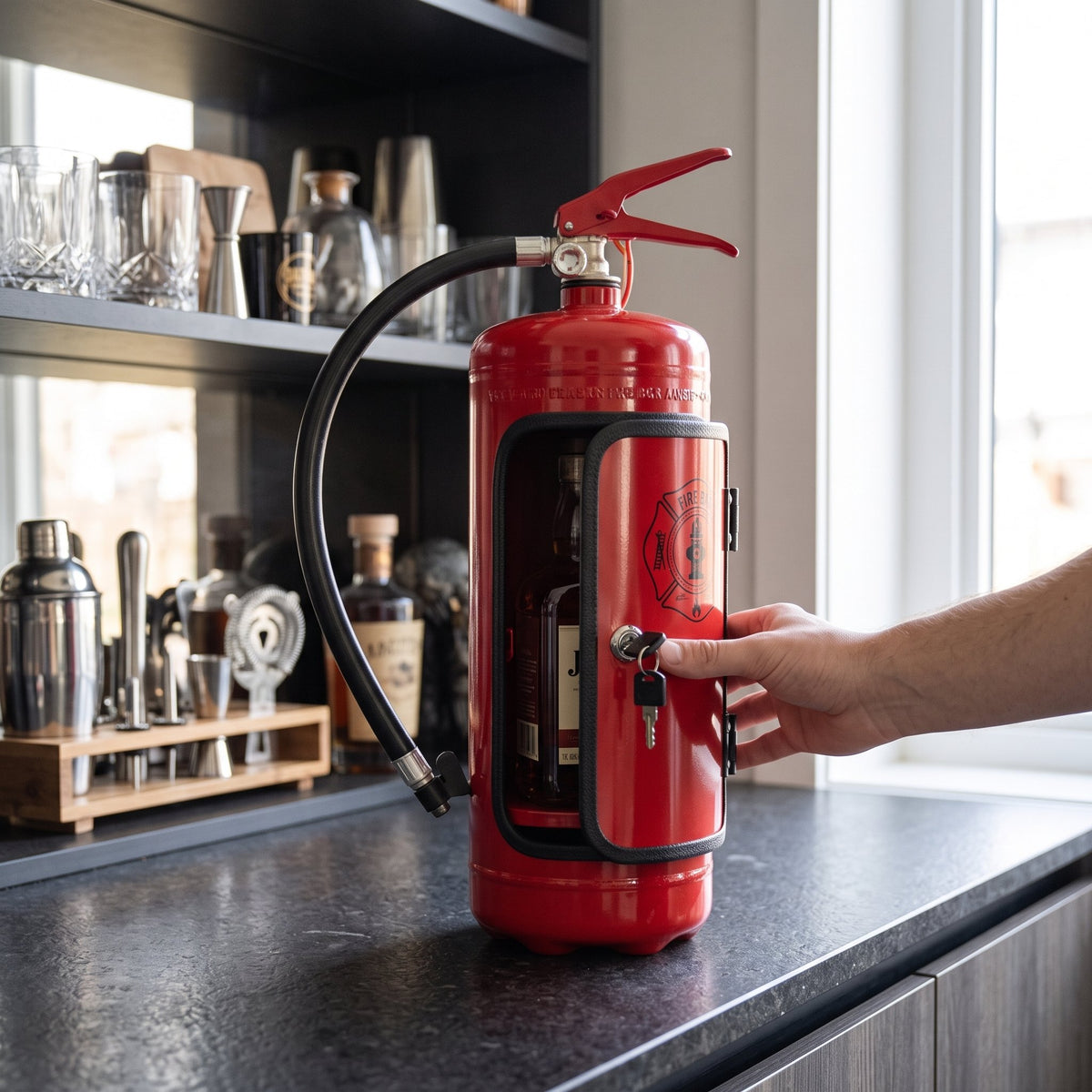 Minibar in Form eines roten Feuerlöschers, 40 cm hoch