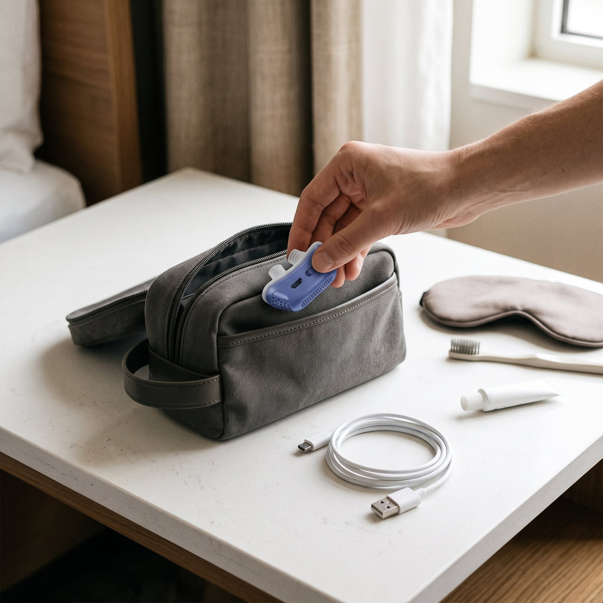 Blaues kompaktes Nasengerät mit Silikon-Aufsätzen und USB-Ladekabel