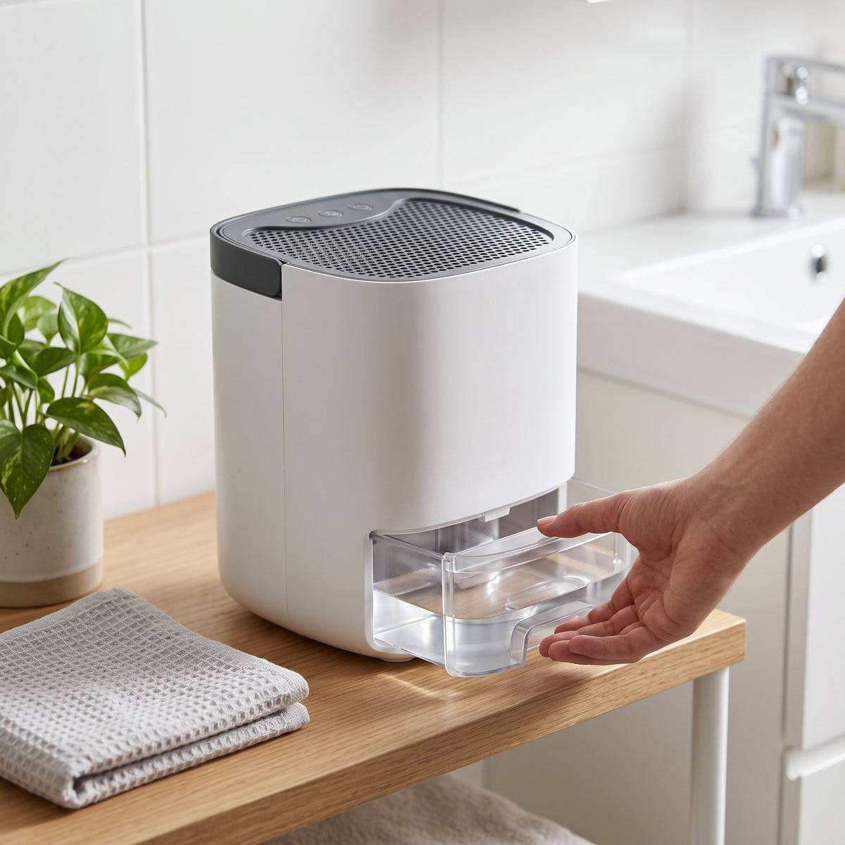 Kompakter elektrischer Mini-Luftentfeuchter mit transparentem, abnehmbarem Wassertank