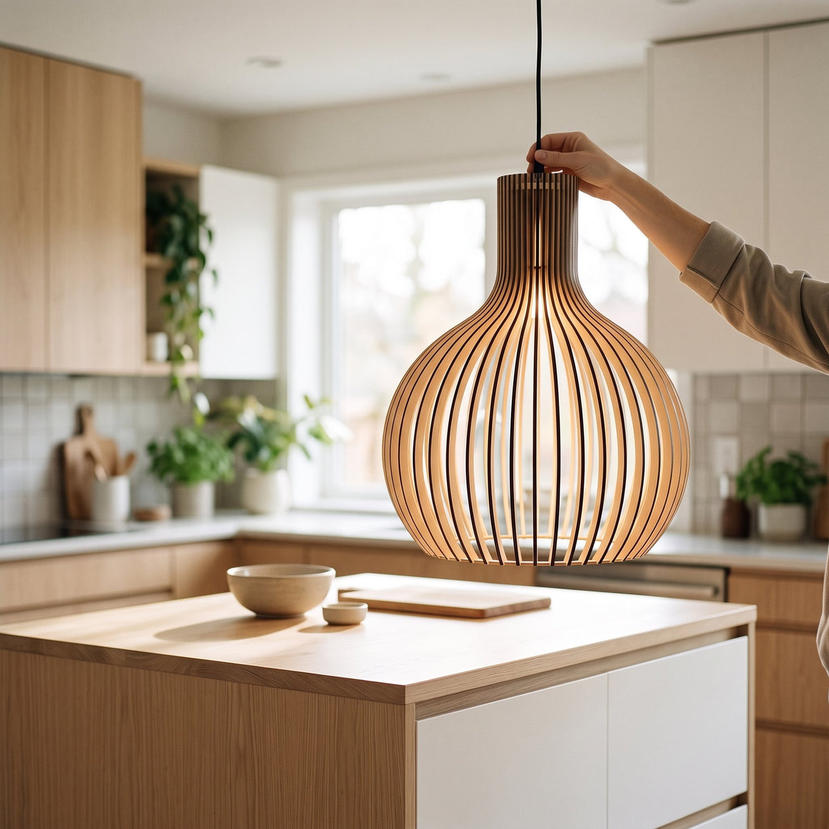 Pendelleuchte aus Holz mit LED im nordischen Vintage-Stil, höhenverstellbar
