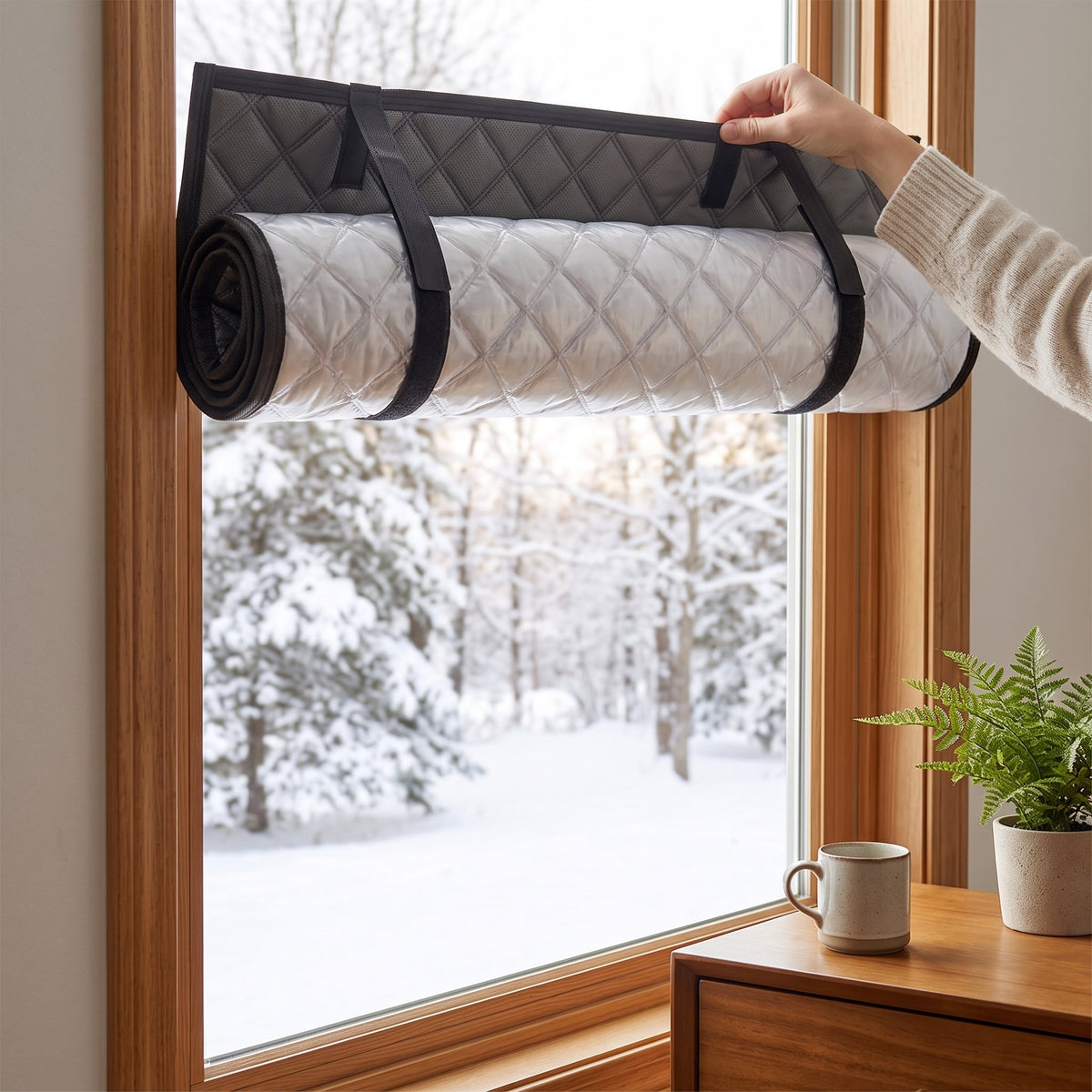 Gesteppter Thermovorhang mit Klettband am Fensterrahmen befestigt