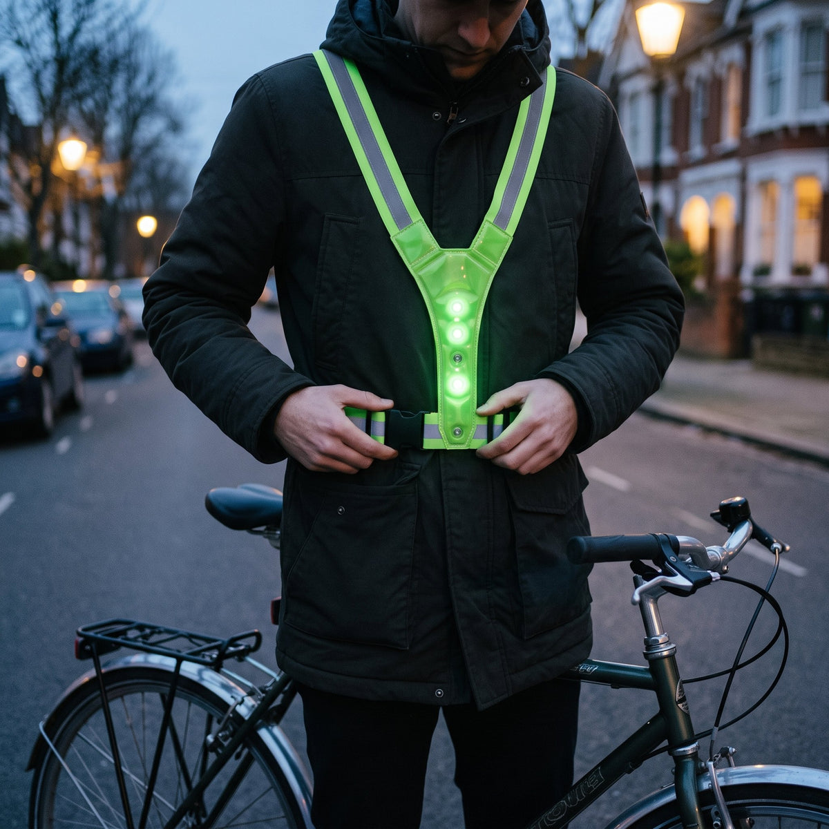 LED-Reflektorweste mit Y-förmigem Gurtsystem und reflektierenden Streifen