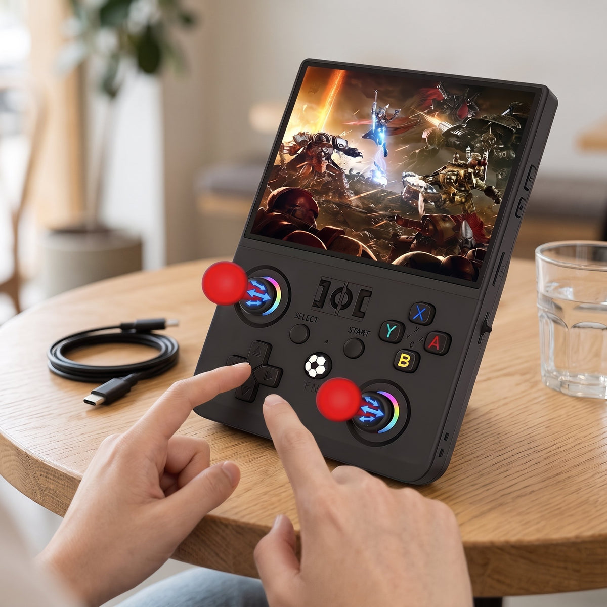 Tragbare Retro-Spielkonsole mit 4,5-Zoll-Display, zwei Joysticks und Steuerkreuz