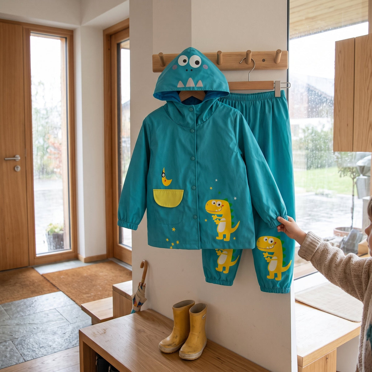 Kinder-Regenanzug mit Kapuzenjacke und Hose in Blau mit Dinosaurier-Motiv und in Rosa mit Einhorn-Motiv