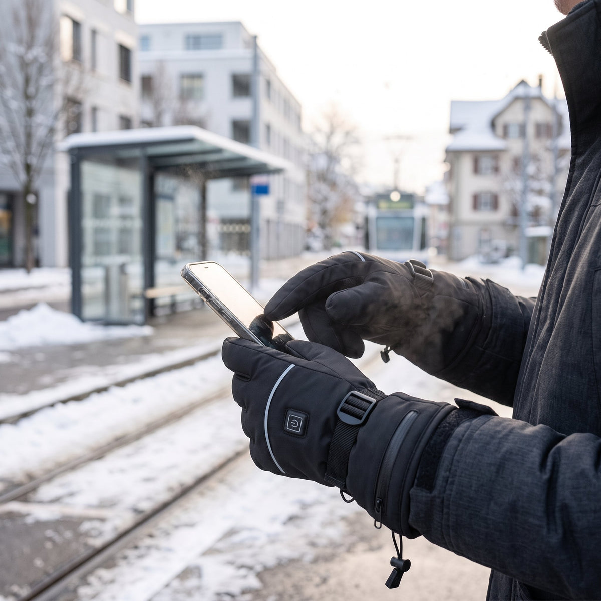 Schwarze beheizbare Winterhandschuhe mit Touchscreen-Fingerspitzen und Klettverschluss