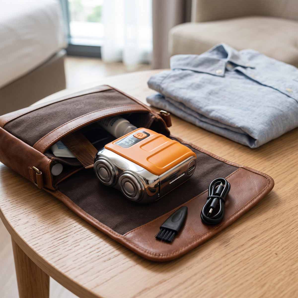 Kompakter elektrischer Taschenrasierer für Herren mit USB-C-Ladekabel und Reinigungsbürste