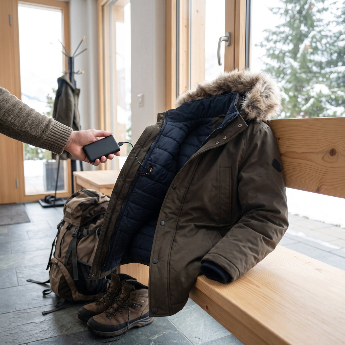 Beheizbare Thermounterwäsche mit USB-Anschluss als Set aus Oberteil und Hose