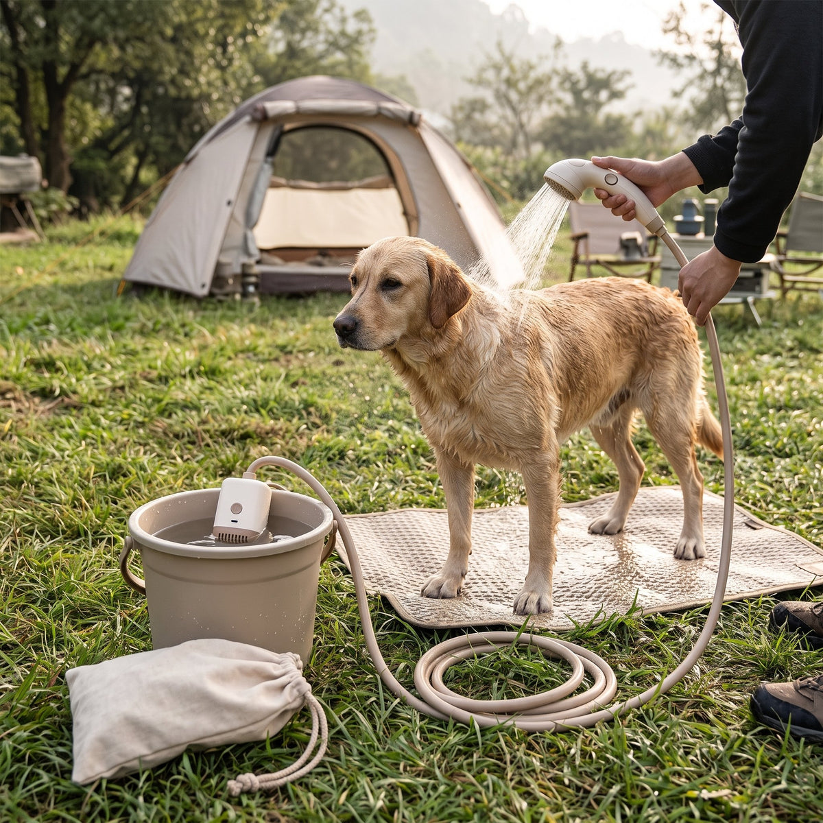 Tragbare Tierdusche mit USB-C-Pumpe, Schlauch, Duschkopf und Aufbewahrungstasche für Hunde und Katzen