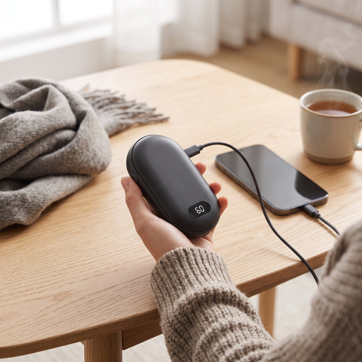 Wiederaufladbarer USB-Handwärmer mit digitalem Display und Powerbank-Funktion im Taschenformat